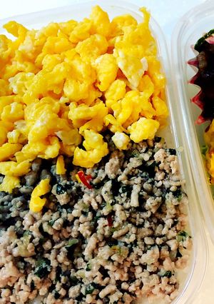 2色丼お弁当☆豚ひき肉大葉とミョウガ入り-レシピのメイン写真