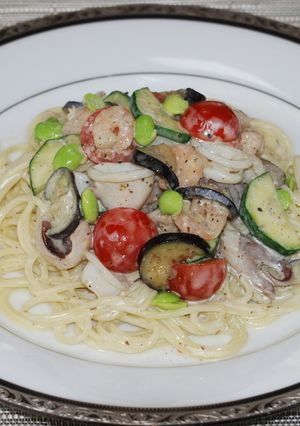 夏野菜とシーフードミックスの冷製パスタ♪-レシピのメイン写真