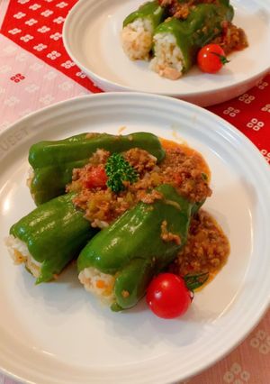 ピーマンのライス詰め　ミートソース煮-レシピのメイン写真