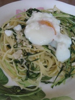 水菜のパスタ 温泉卵のせ-レシピのメイン写真