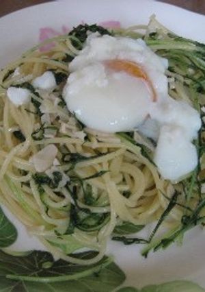 水菜のパスタ　温泉卵のせ-レシピのメイン写真
