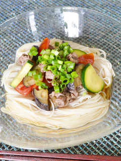夏野菜とお肉のせぶっかけ素麺♪-レシピのメイン写真