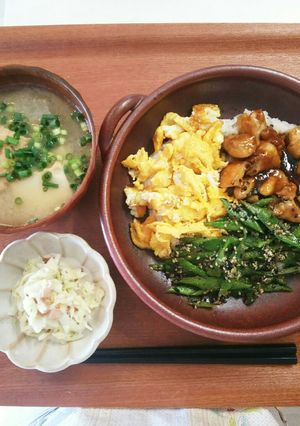 お昼ごはん！いんげんの胡麻あえ 三色丼-レシピのメイン写真