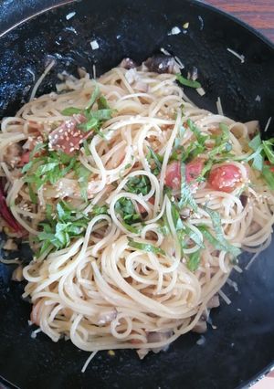 『キノコとトマトの和風ペペロンチーノ』-レシピのメイン写真
