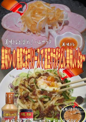 美味ドレの焼豚ごまテリSで温玉サラダ饂飩-レシピのメイン写真