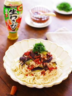 梅さわび麺つゆde茄子と豚肉のそうめん-レシピのメイン写真