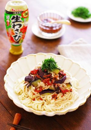 梅さわび麺つゆde茄子と豚肉のそうめん-レシピのメイン写真