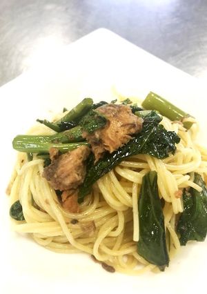 空芯菜とサバ缶パスタ【JA福岡市】-レシピのメイン写真