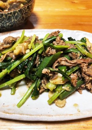 牛こま切れと舞茸のかき醤油炒め-レシピのメイン写真