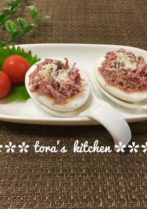 ゆで卵de簡単おつまみ☘️コンビーフ-レシピのメイン写真