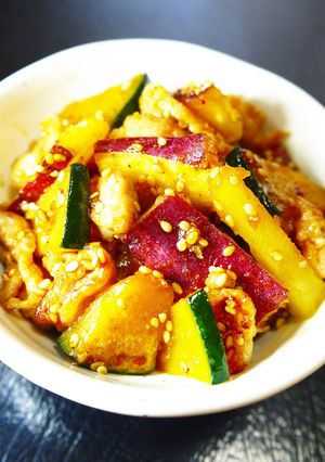 豚ばら薩摩芋かぼちゃ甘辛ごま醤油だれ焼き-レシピのメイン写真