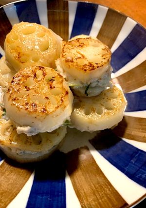 さっぱりおいしい！梅しそ蓮根はさみ焼き-レシピのメイン写真