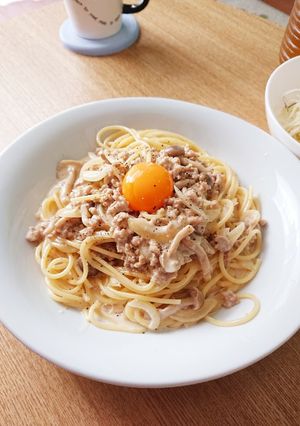鶏そぼろの和風カルボナーラ-レシピのメイン写真