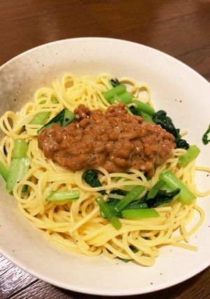 小松菜納豆パスタ下味は鶏ガラスープ-レシピのメイン写真