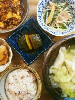 夕飯!麻婆豆腐 スープ餃子 野菜炒め-レシピのメイン写真