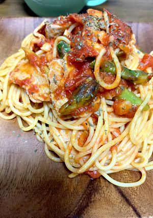 豚バラ肉とアスパラのトマトソースパスタ-レシピのメイン写真