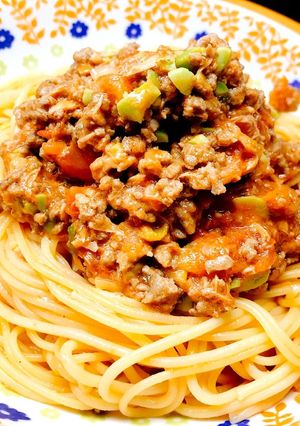 挽肉と枝豆のトマト煮込みパスタ-レシピのメイン写真