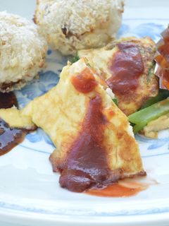 ホタテと小松菜の卵お焼きトマトソース添え-レシピのメイン写真