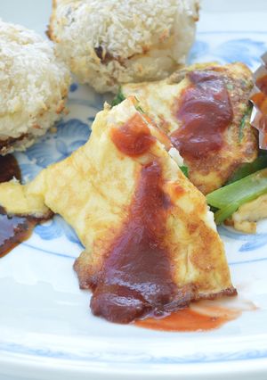 ホタテと小松菜の卵お焼きトマトソース添え-レシピのメイン写真