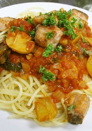 鮭のムニエルトマトソースパスタ-レシピのメイン写真