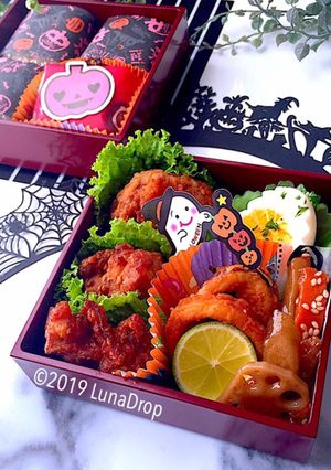 ラッピングおにぎり 唐揚げイカリング弁当-レシピのメイン写真