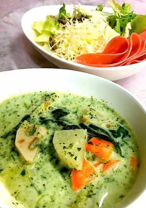 ほうれん草とレンチン根菜のクリームスープ-レシピのメイン写真