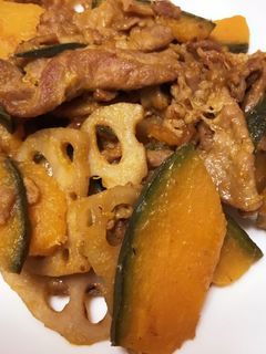 豚肉・かぼちゃ・蓮根の甘辛炒め-レシピのメイン写真