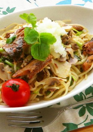 セリとさんま缶のおろしレモスコ水浸パスタ-レシピのメイン写真