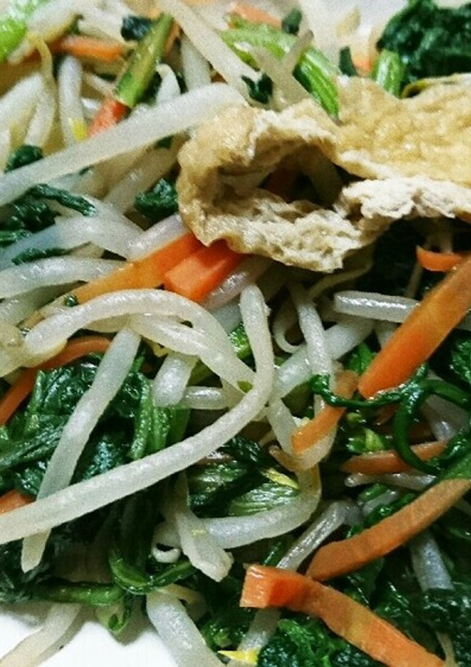 春菊ともやしと油揚げのめんつゆ炒め-レシピのメイン写真