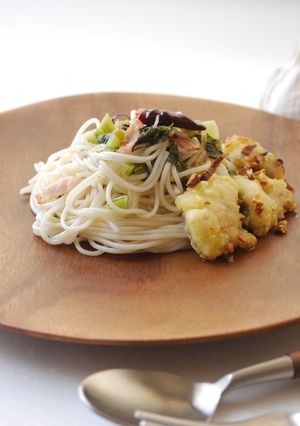 野沢菜の簡単ペペロンチーノ～白身魚のせ～-レシピのメイン写真