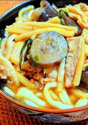 茄子の肉ニラ筍あんかけうどん-レシピのメイン写真
