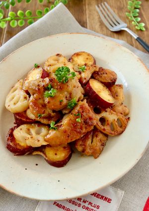 鶏肉と薩摩芋と蓮根のハニーマスタード炒め-レシピのメイン写真