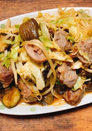 豚のかしら肉と茄子のニンニク味噌野菜炒め-レシピのメイン写真