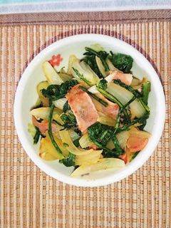 糖尿食春菊とハムのカレー炒め-レシピのメイン写真