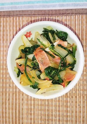 糖尿食春菊とハムのカレー炒め-レシピのメイン写真