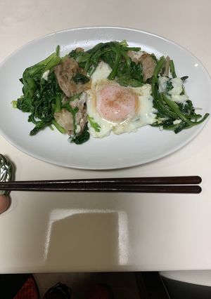 春菊と豚肉のニラ玉風-レシピのメイン写真