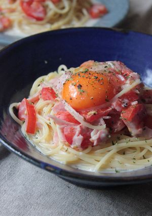月見クリームパスタ-レシピのメイン写真