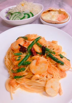 帆立貝柱とインゲンのトマトクリームパスタ-レシピのメイン写真