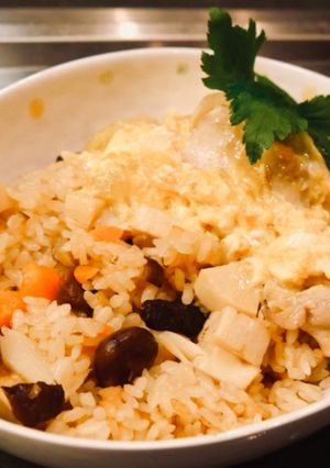 秋の味覚炊き込みご飯の親子丼-レシピのメイン写真