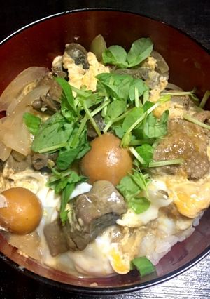 鳥モツ煮再利用卵とじ丼-レシピのメイン写真