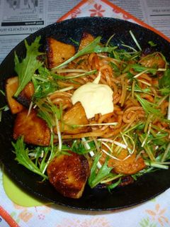 水菜+平天のナポリタン焼きうどん-レシピのメイン写真