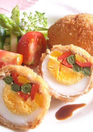 ゆで卵とカラフル 野菜の肉巻き揚げ-レシピのメイン写真