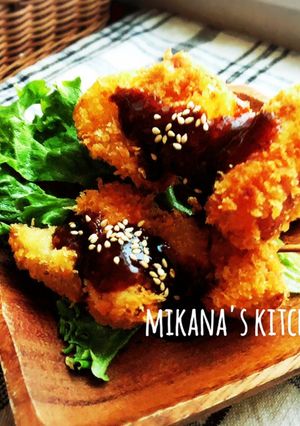 魚肉ソーセージと玉ねぎの串揚げ♪♪-レシピのメイン写真