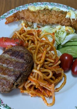 　エビフライ&ハンバーグ&スパゲッティ-レシピのメイン写真