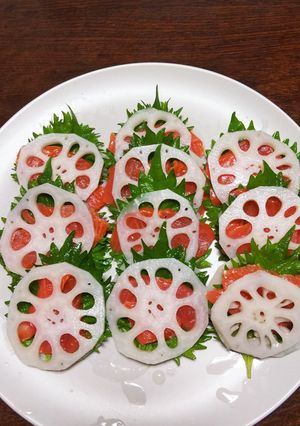 れんこんサンド(サーモン、大葉を使って)-レシピのメイン写真