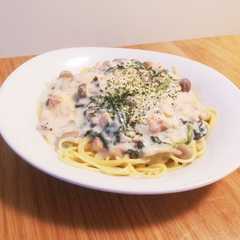 รูปของ 鮭とほうれん草ときのこのクリームパスタ
