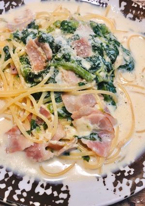 菜の花とベーコンの豆乳スープパスタ-レシピのメイン写真