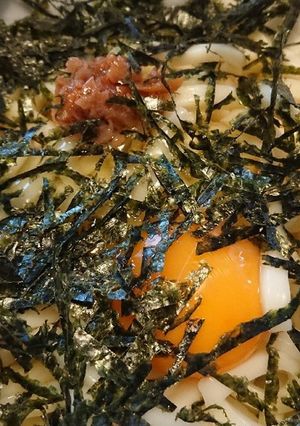 １人ご飯☆刻み海苔たっぷり梅干釜玉うどん-レシピのメイン写真