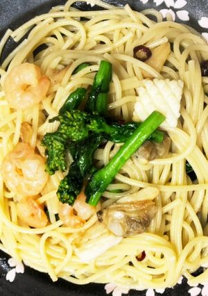 菜の花とシーフードのぺぺロンチーノ-レシピのメイン写真