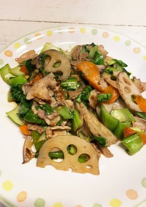 蓮根と青梗菜と豚バラ肉の中華炒め-レシピのメイン写真